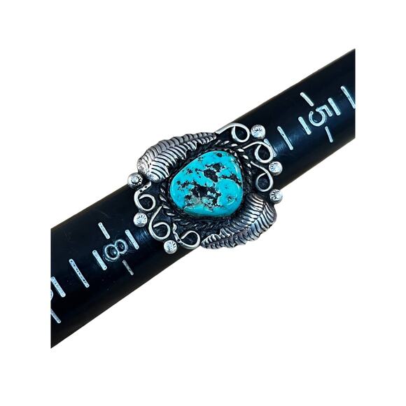 Vintage Turquoise Sterling Silver Leaf Native American Navajo Ring Sz 6.5 - Picture 8 of 9